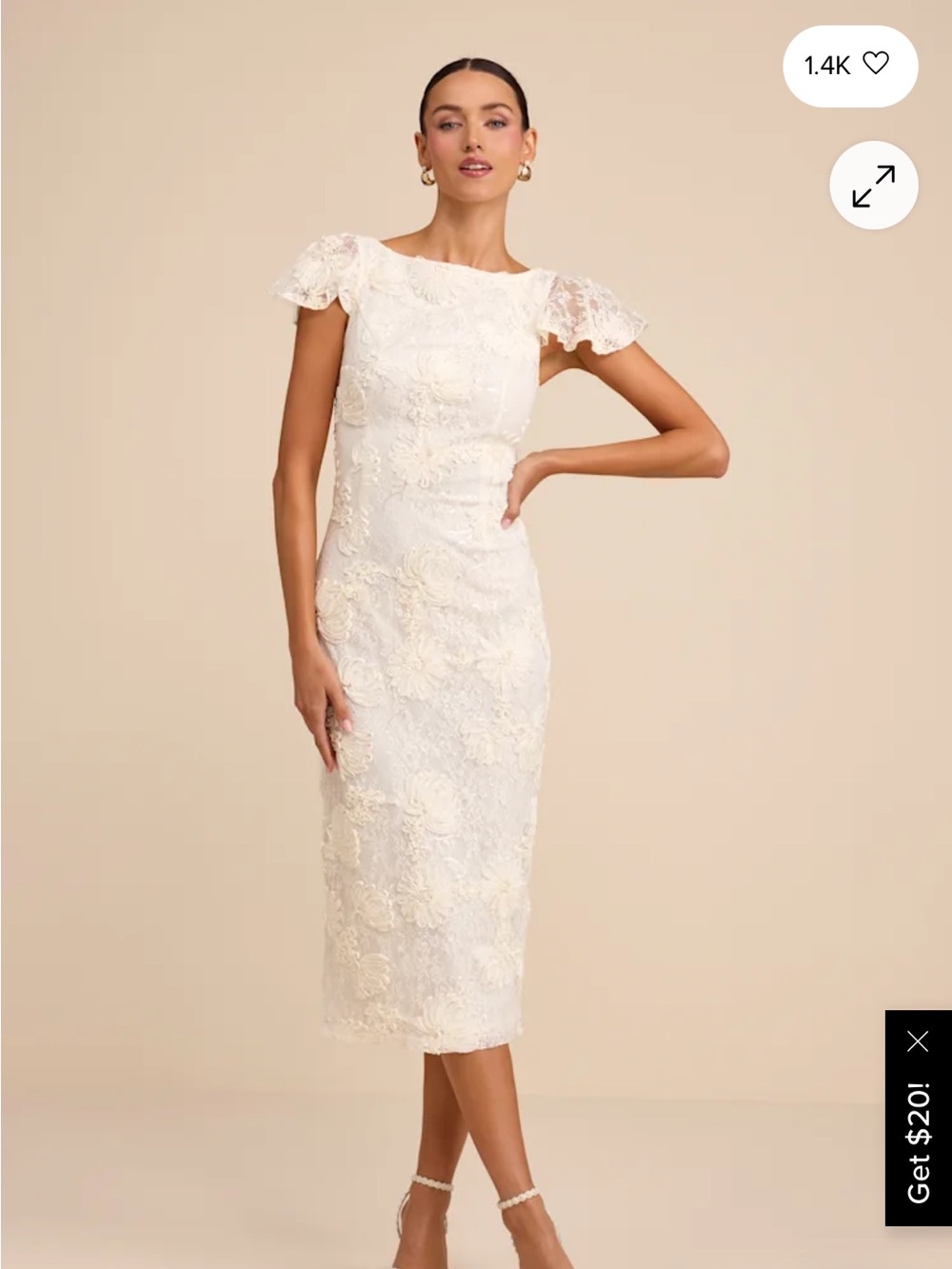 Lulu’s Kenna Ivory Lace Flutter Sleeve Midi Dress